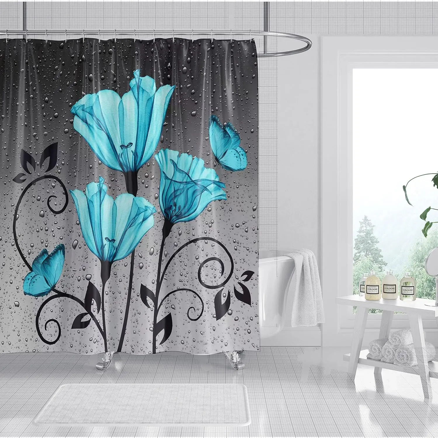 

Cute Blue Flower And Butterfly Shower Curtain Modern Design Bathroom Decor Elegant Theme Waterproof Bath Curtain
