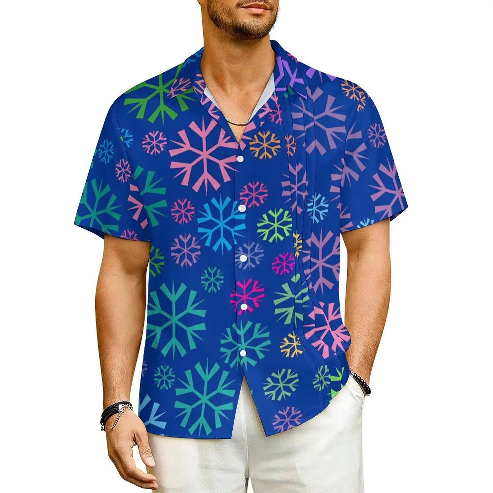 

Hawaiian Shirt Beach Colorful Snowflake Blouses Christma Print Loose Casual Shirts Men Short-Sleeve Stylish Plus Size Clothes