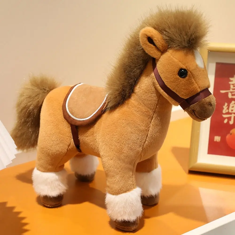 Unique Cute Stuffed Animal Horse Soft Lifelike Horse Plush Doll Toys 30cm with Saddle Zodiac Pony Figurine Home Decor