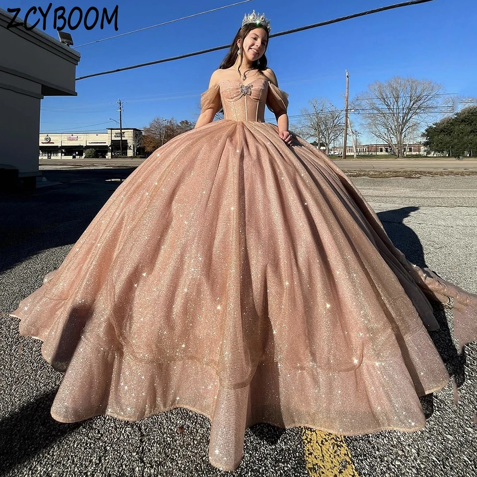 Quinceanera Sweetheart Open Back Sequin Shiny Off The Shoulder Evening Dress 2025 Ball Gown Floor Length Sweep Train Prom Dress