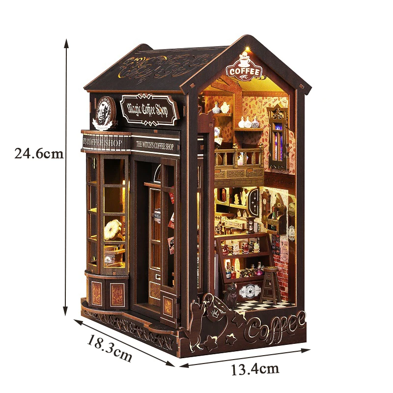 DIY หนังสือไม้ Nook ชั้นวางชุด Mgaic ร้านกาแฟ Miniature ชุดชั้นวางหนังสือ Light Bookend สําหรับของขวัญเพื่อน