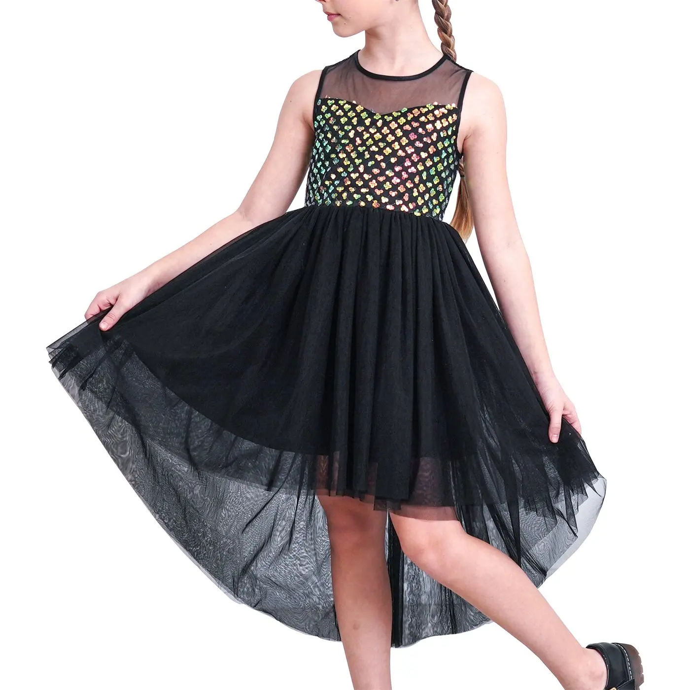 Girls Dress Black Sequin Mesh Hollow Diamond Back Pageant Party Gown