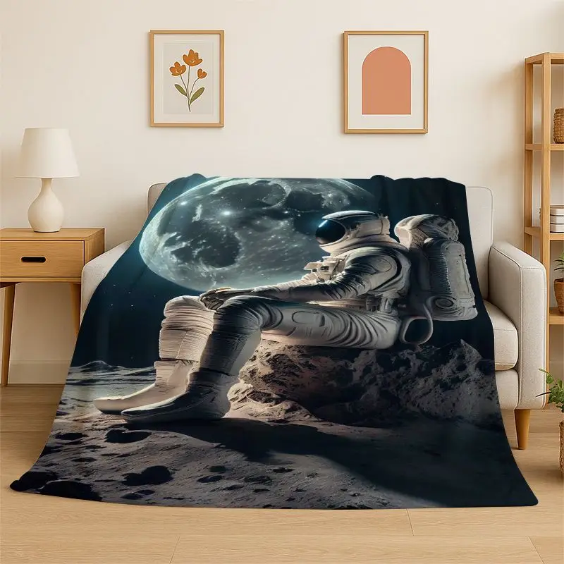 Cartoon Astronaut Spaceman Planet Flannel Blanket Soft Throw Blanket for Bedroom Living Room Bed Travel Camping Nap Cover Gift
