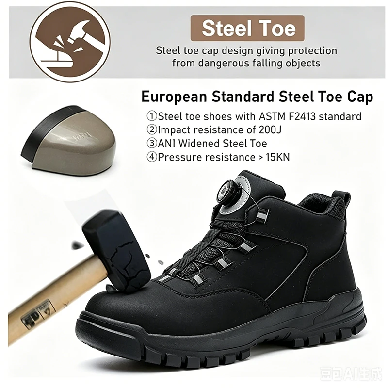Men Steel Toe Work Shoes Anti-Smash Anti-Puncture Safety Shoes Men Indestructible Protection Shoes Rotating Button Safety Boots