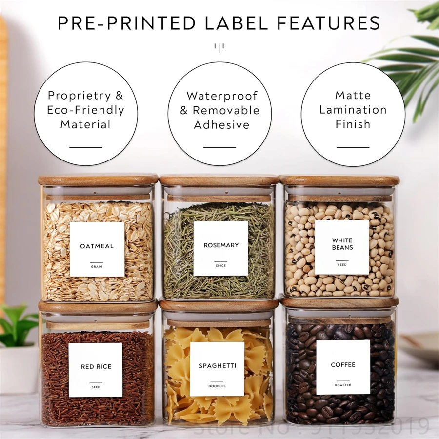 Square Glass Jars Set with Minimalist Pantry Labels, Square Pantry Jars with Bamboo Lids and White Customized Sticker Labels