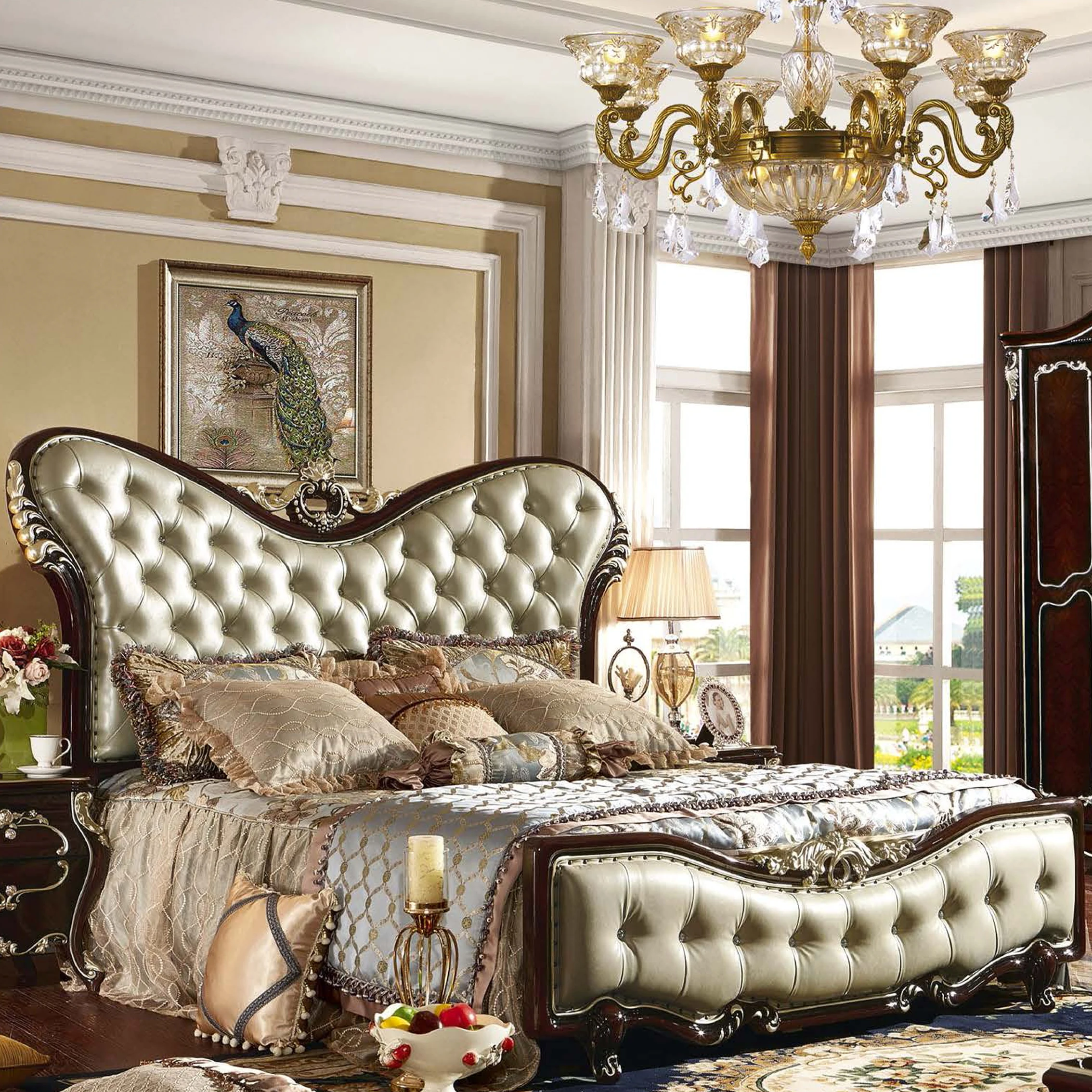 

#$New Design European Luxury Bedroom Queen king Size Double Furniture Bed French Royal Classic Carved Wooden Frame Leather Bed
