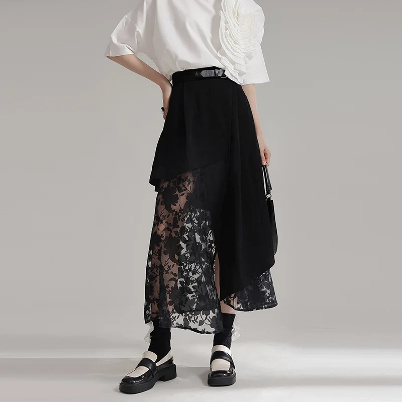 

Women's Runway Fashion Spring Summer Mesh Patchwork Black Irregularity Skirt Female Autumn Winter High Waist A-Line Skirt TB046