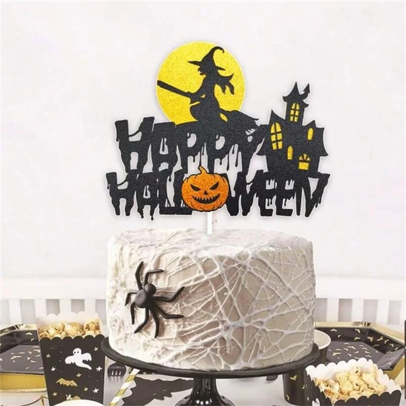Baking DIY Party Decoration Supplies,Happy Halloween Cake Topper Flags Black Witch Castle Pumpkin Cupcake and Cake Topper view 2