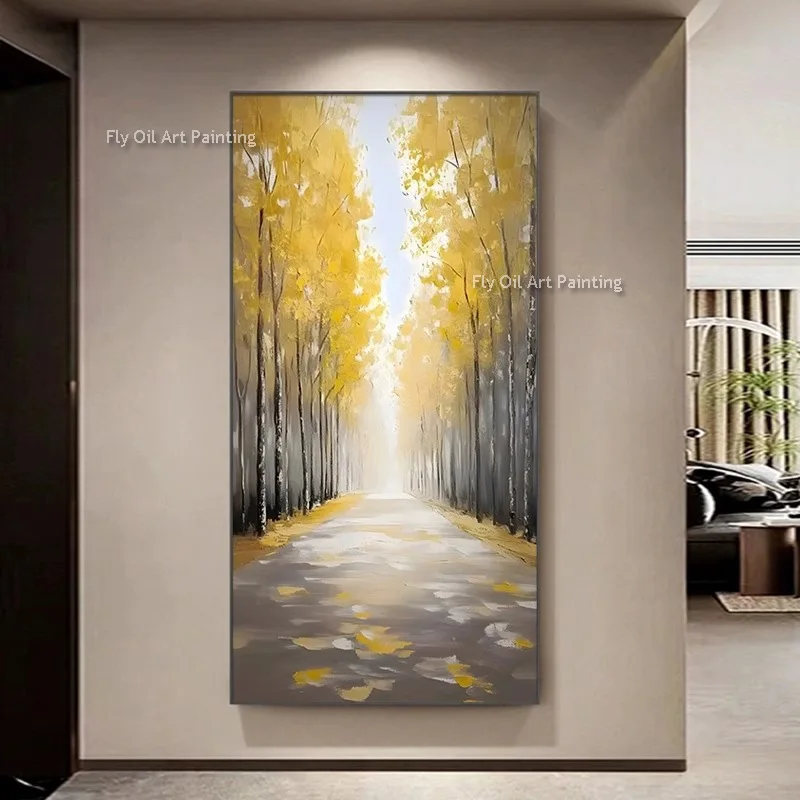 تصميم جديد عمل فني منظر الغابات الصفراء مجردة سميكة قماش النفط اللوحة اليدوية الخريف شجرة جدار ديكور فني لقاعة المنزل