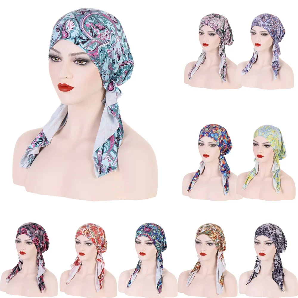 

Women Printed Pre-tie Headscarf Elastic Muslim Female Turban Cancer Chemo Hat Hair Loss Cover Head Wrap Headwear Stretch Bandana