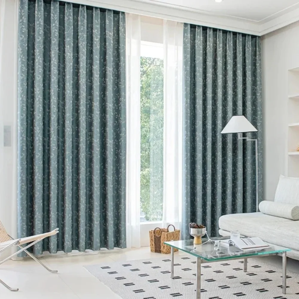 Customized Blue-green Vine Jacquard Thickened Blackout Curtains For Living Room Bedroom Window Balcony French Window Pastoral