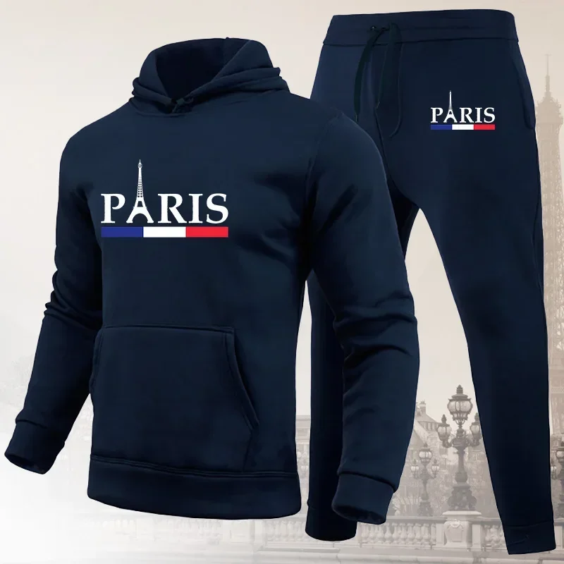 Men's sportswear set, Parisian printed hooded sweatshirt and sweatpants 2-piece set, men's hooded jogging pants set, casual stre