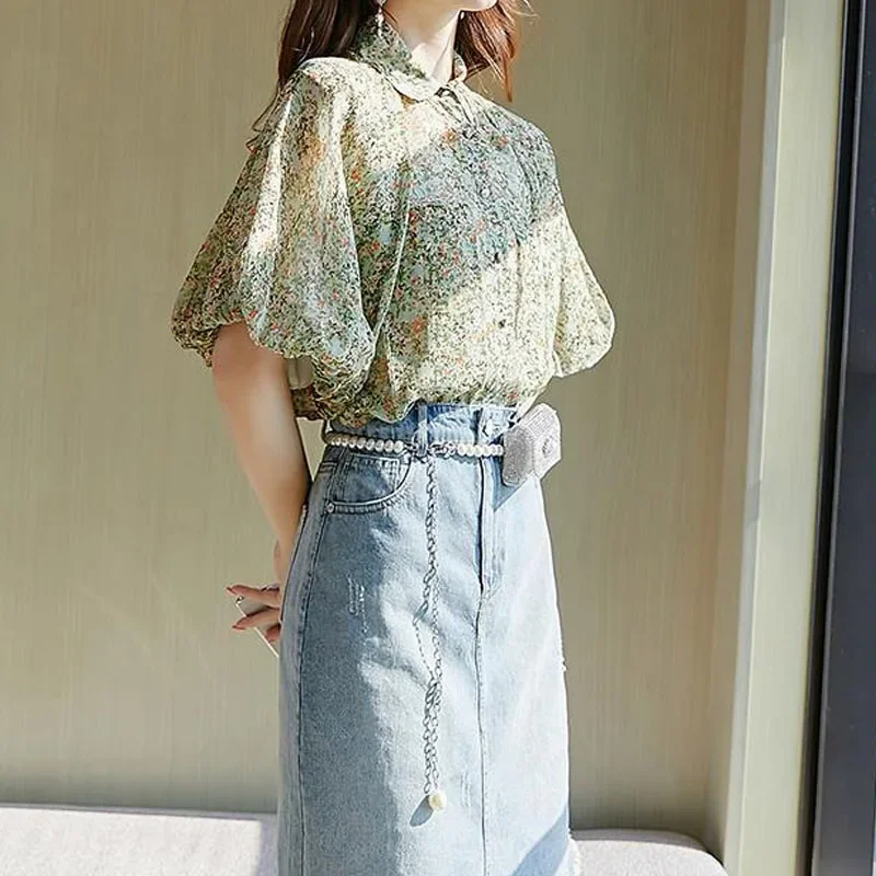 Women\'s Top Loose Elegant Puff Sleeve Floral Printed Blouse Summer Korean All-match Turn-down Collar Shirt Female Clothing