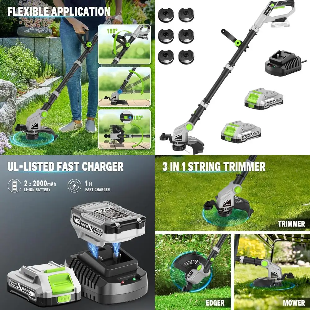 

12 20V Electric String Trimmer with Auto Feed, 2x2.0Ah Batteries, 6 Replacement Lines for Lawn Care