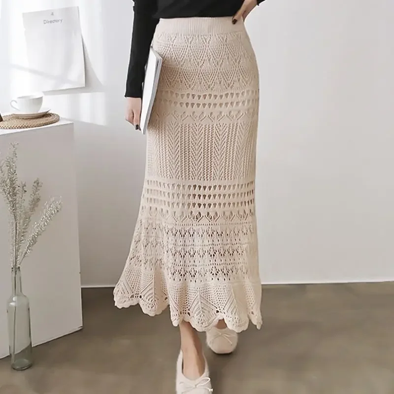 

Fashion Classic Women's Hollowed Out Skirt Lace Knit Mid Length High Waisted Office All-match Fishtail Wrap Hip Skirt E353