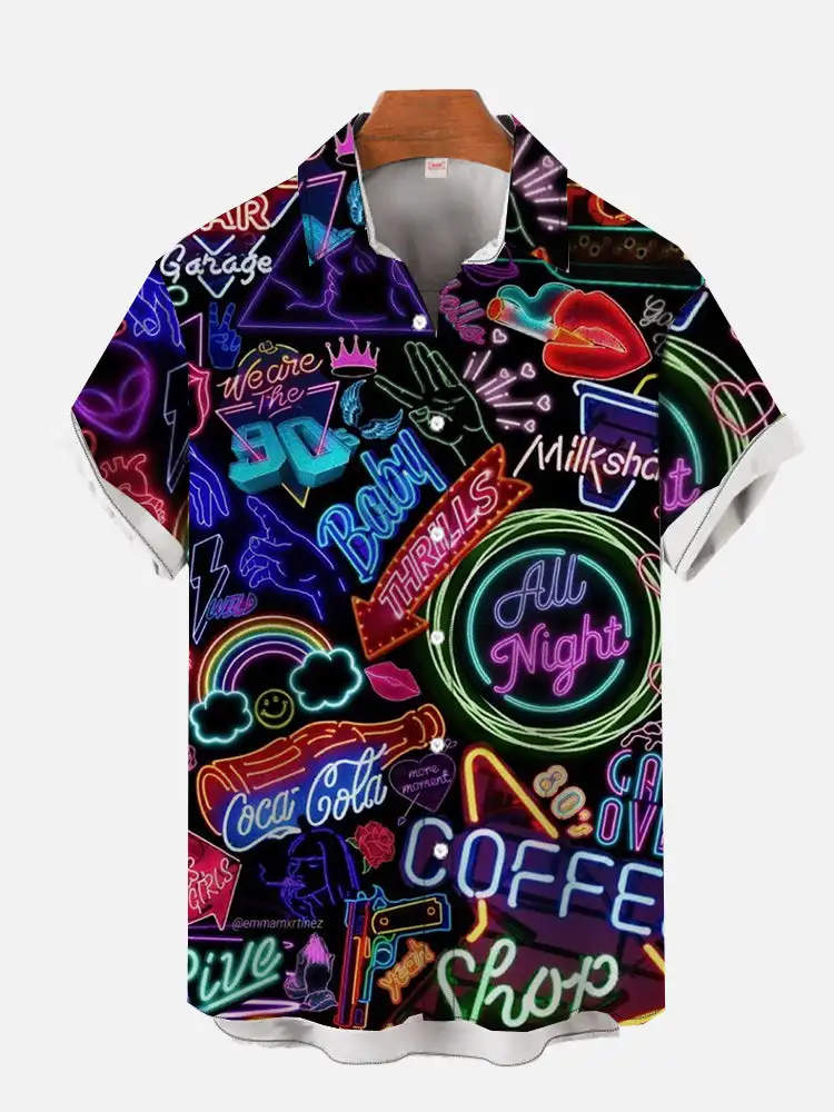 Men's Neon Patterned Printed Shirt, Men's Fashionable Casual Shirt, Comfortable Beach Short Sleeved Shirt, Men's Shirt