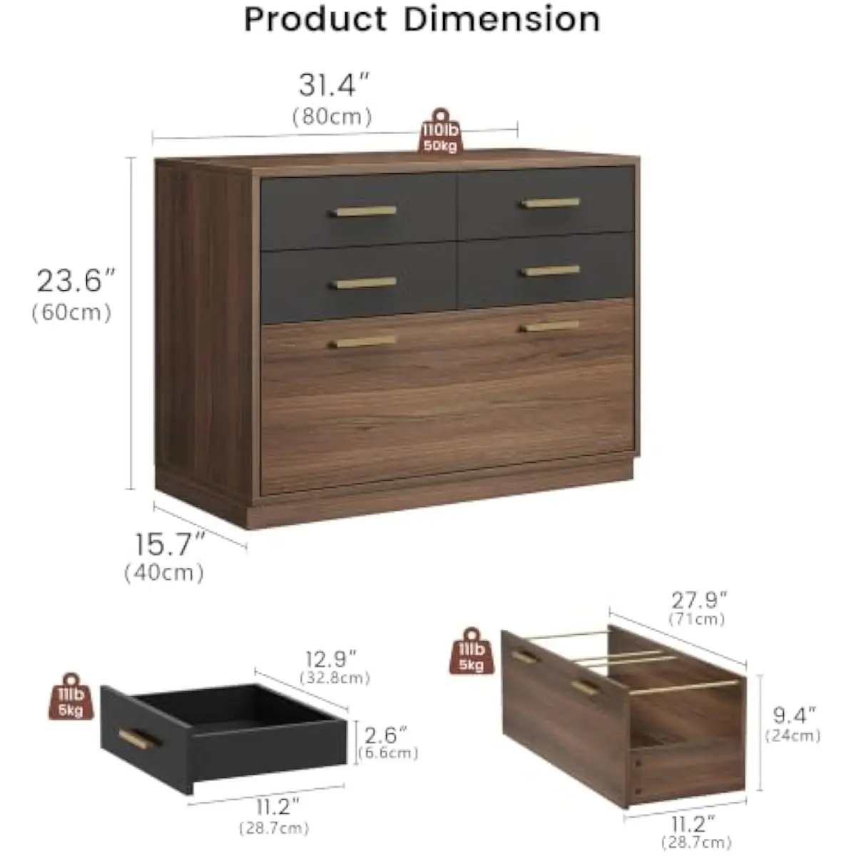 5-drawer lateral filing cabinet 31.4 inches wide for letter legal and A4 documents engineered wood construction black walnut fin