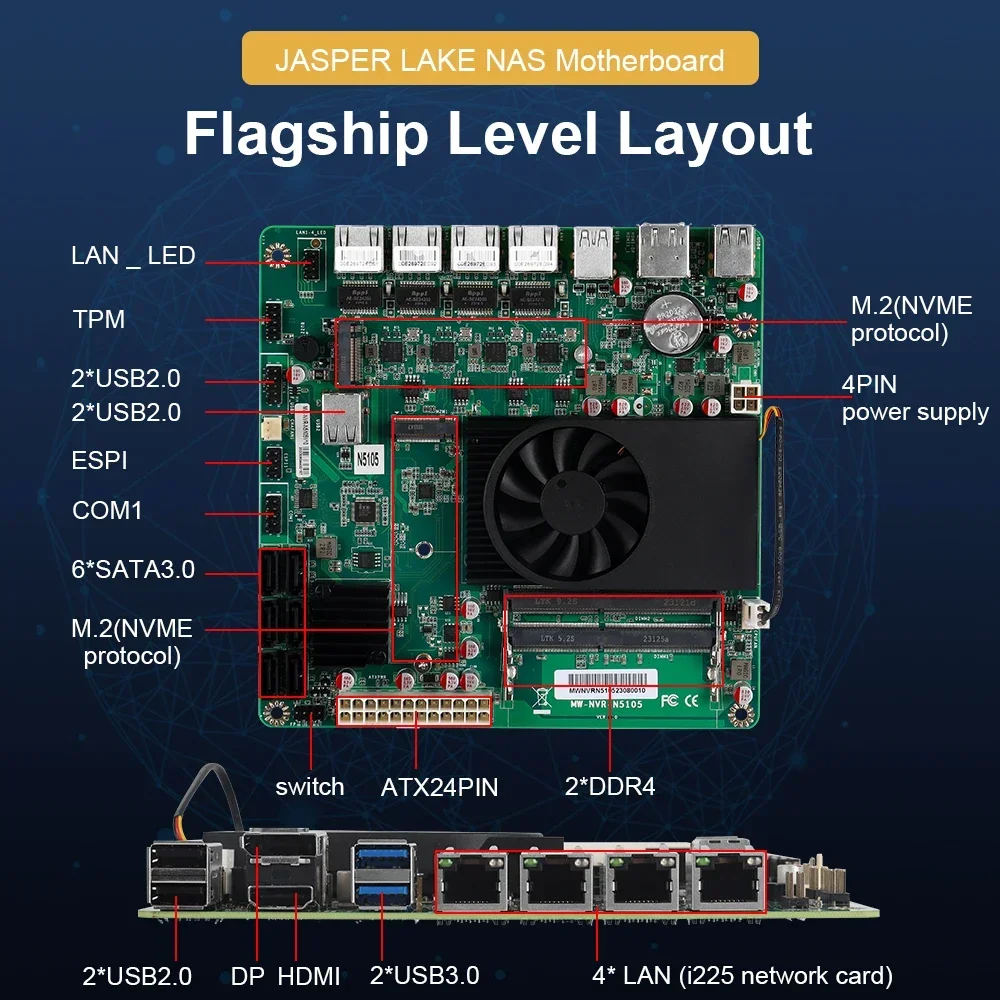 Intel N5105 Nas Industrial Motherboard Home 4 Cores 4 Threads Processor 4x2.5G i225 Network M.2 Slot 6xSATA DP HD Low Power