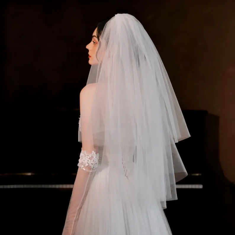 Light Ivory Two-Tier Bridal Veil | Short Vintage Puff Veil with Comb Custom lengths and styles / Accept bulk orders