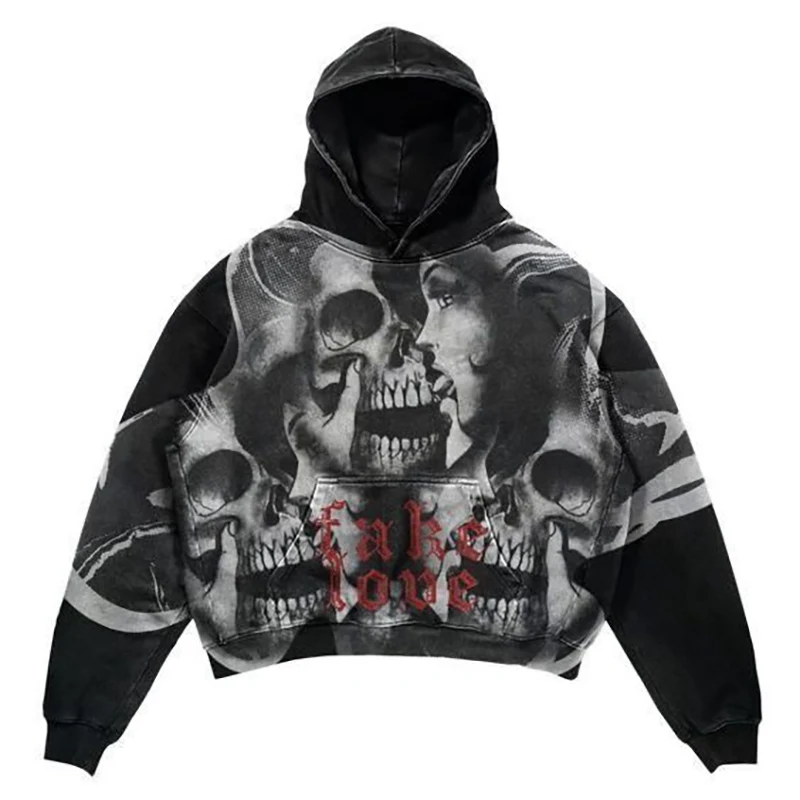 Scary Skeleton Print Men Long Sleeve Hooded Sweatshirts Pocket Autumn Winter Grunge Street Fashion Oversized Clothing Halloween