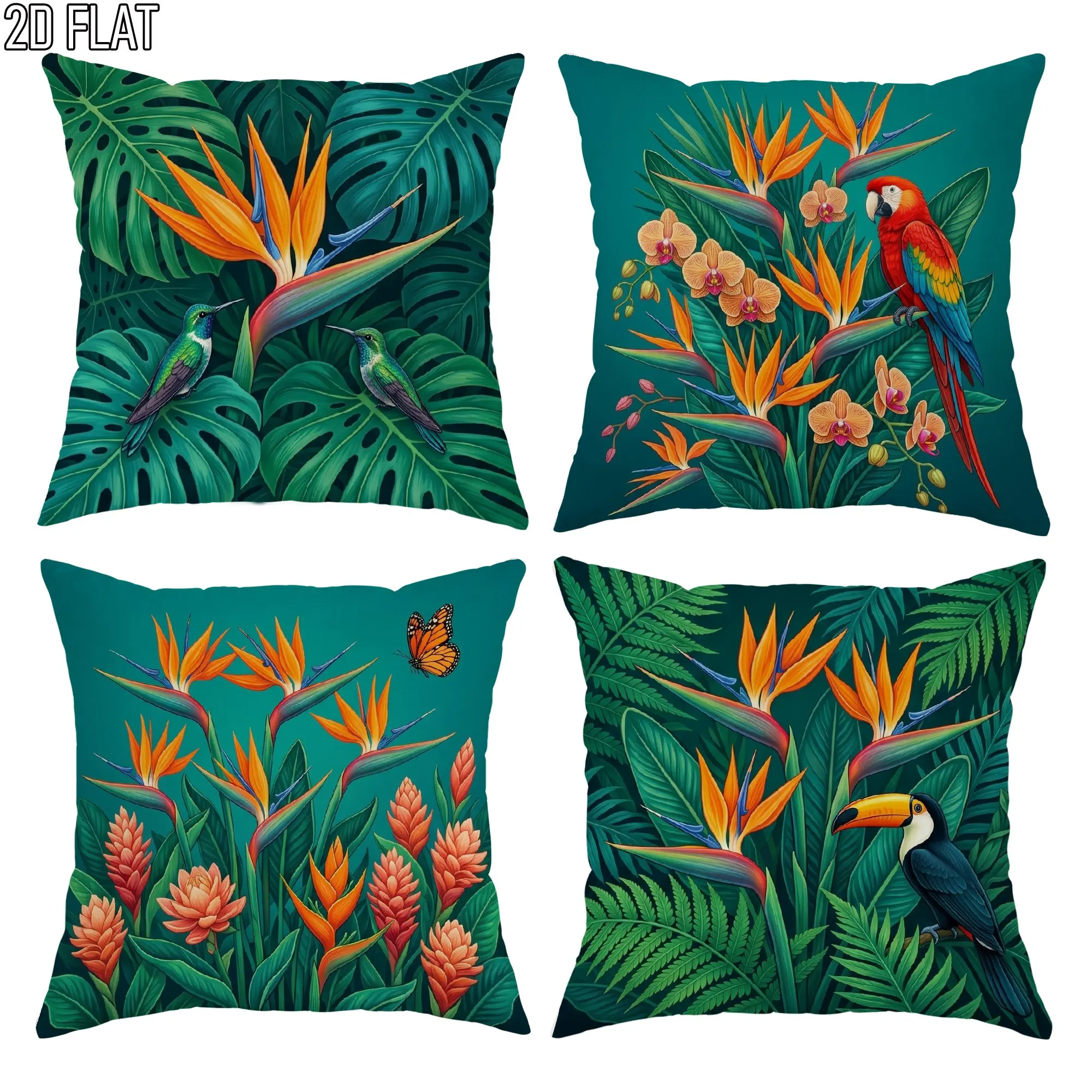 Vibrant Tropical Parrot Jungle Floral Pillow Covers 4 Pieces 45x45cm Botanical Exotic Cushion Pillowcase Home Decor Set