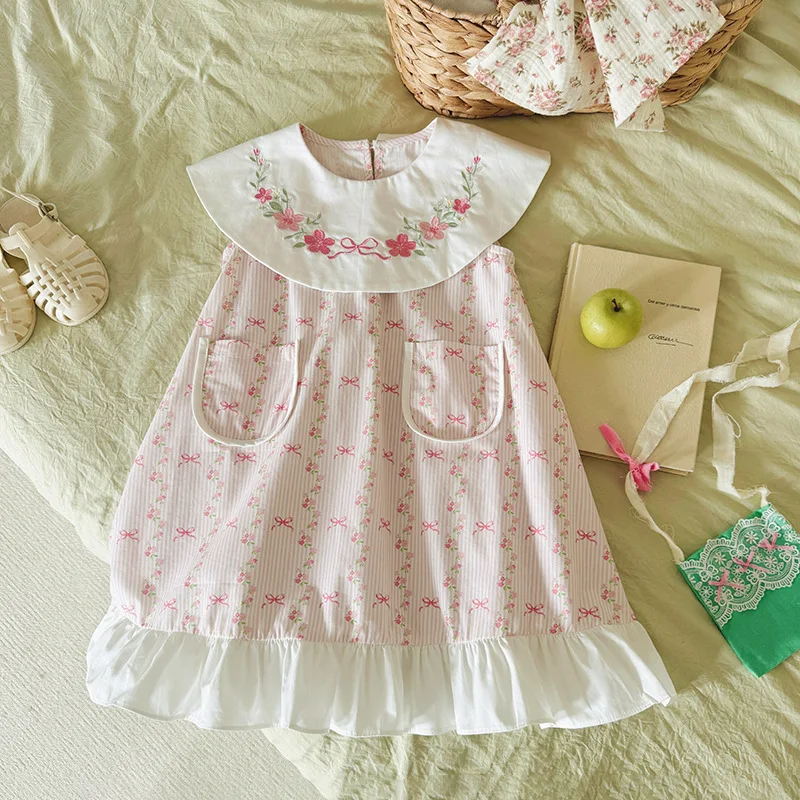 

Korean children's clothing with floral embroidery and doll collar for girls2026Summer striped print sleeveless baby dress