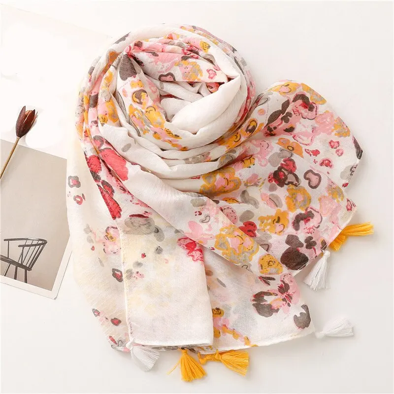 Fashion Floral Tassel Scarf Printed Cotton Viscose Hijab Summer Women Muslim Headband Ladies Beach Sunscreen Long Shawl 180*90cm