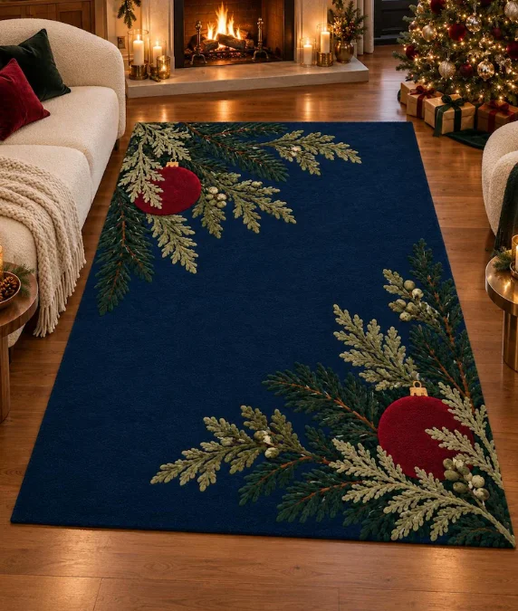 Navy Blue Christmas Rug Pine Branch and Red Berry Holiday Area Rug, Round Carpet and Hallway Runner, Winter Botanical Home Decor
