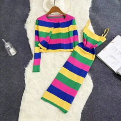 2024 New Summer Rainbow Striped Two Piece Set Spring New Fashion Sweet Slim Chic Outfits Knitted Coats Cami Dresses