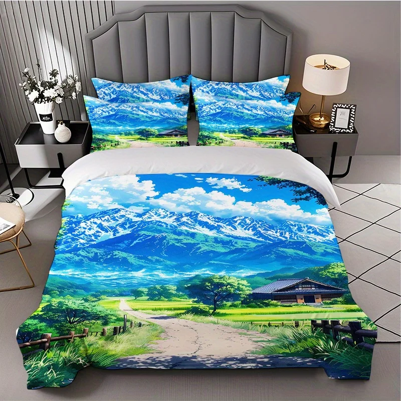 Soft Duvet Cover Set of Three, 2D Flat Printed Duvet Cover Set, Duvet Cover Bedding Set, Countryside Landscape Snow Mountain Print Duvet Cover Set, Machine Washable, Invisible Zipper, Large Duvet Cover Set, Bedding Set, Quilt Cover