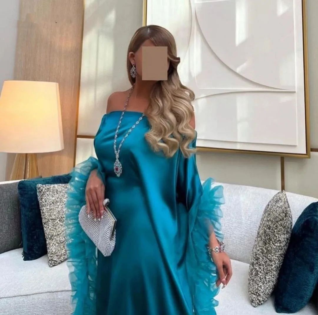 Flora Jurk Elegante Blauwe Zoete Pauw Ruches Lange Mouwen Van De Schouder Vloer-Lengte Zeemeermin Prom Dress Avondfeestjurken