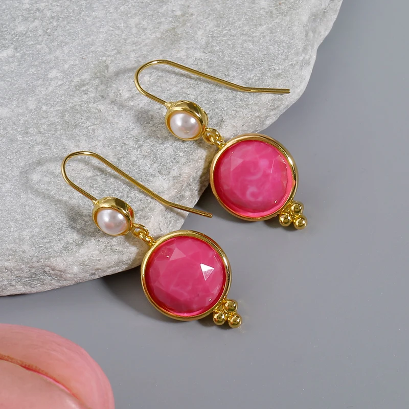 

French Court Romantic Freshwater Pearl Paired with Pink Gem Golden Hook Women's Earrings