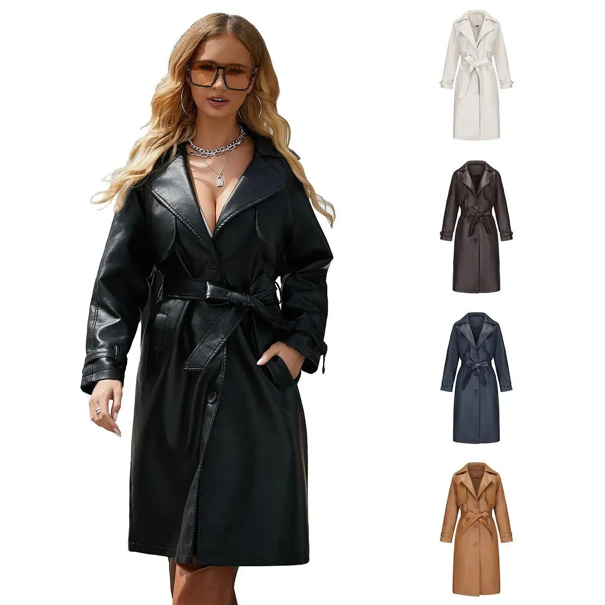 Długi, luźny płaszcz damski ze skóry PU na wiosnę i jesień, z kołnierzem typu flip, z paskiem, elegancki i modny.