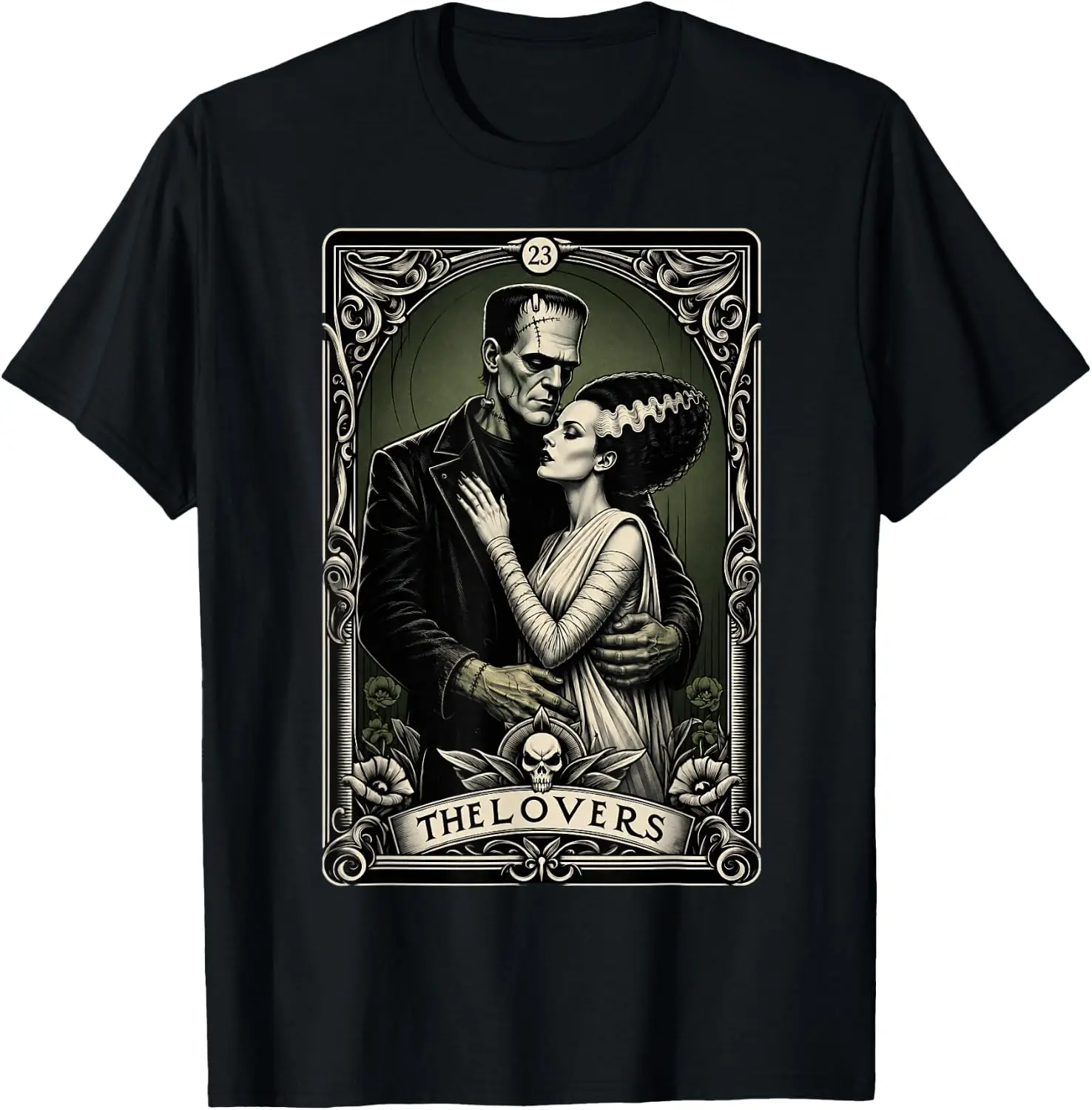 Frankenstein Bride The Lovers Tarot Card Gothic Halloween T-Shirt Men Women Unisex Novelty Graphic T‑Shirt, Classic Crew Neck 100% Cotton Tee, Lightweight Anti‑Pilling Breathable Casual Tops, Year‑Round Daily Outfit, Holiday Birthday Present Tee