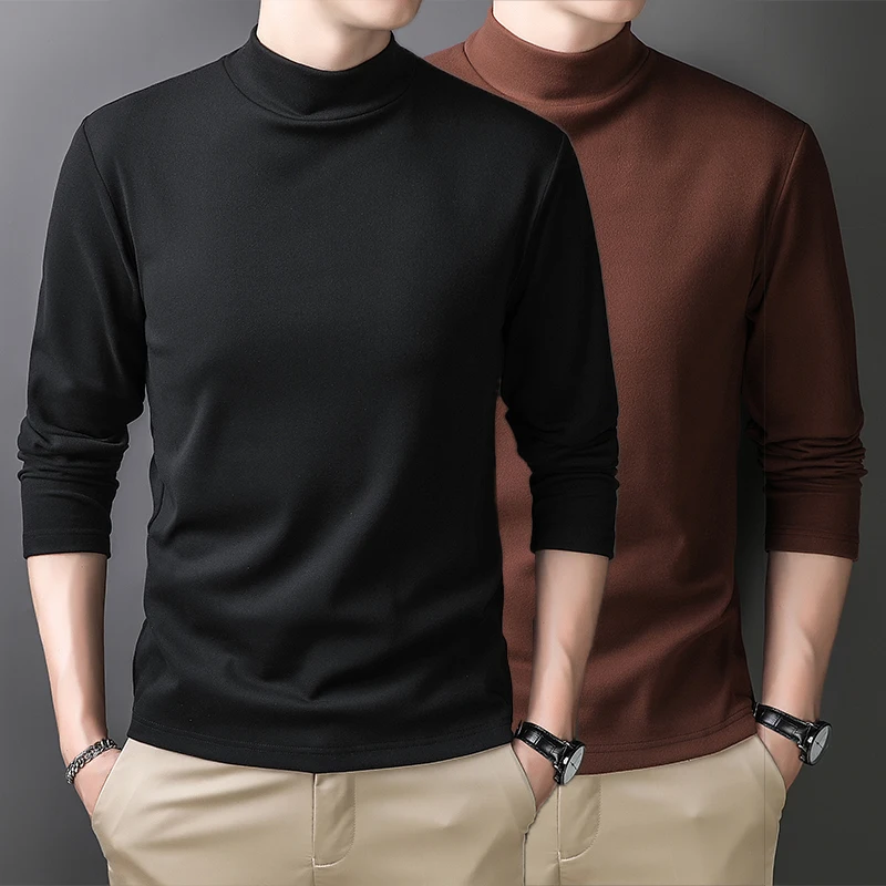 Autumn Winter Men's Pullover Turtleneck Solid Color Plush Thickened Long Sleeve Undershirt T-shirt Fashion Casual Formal Tops