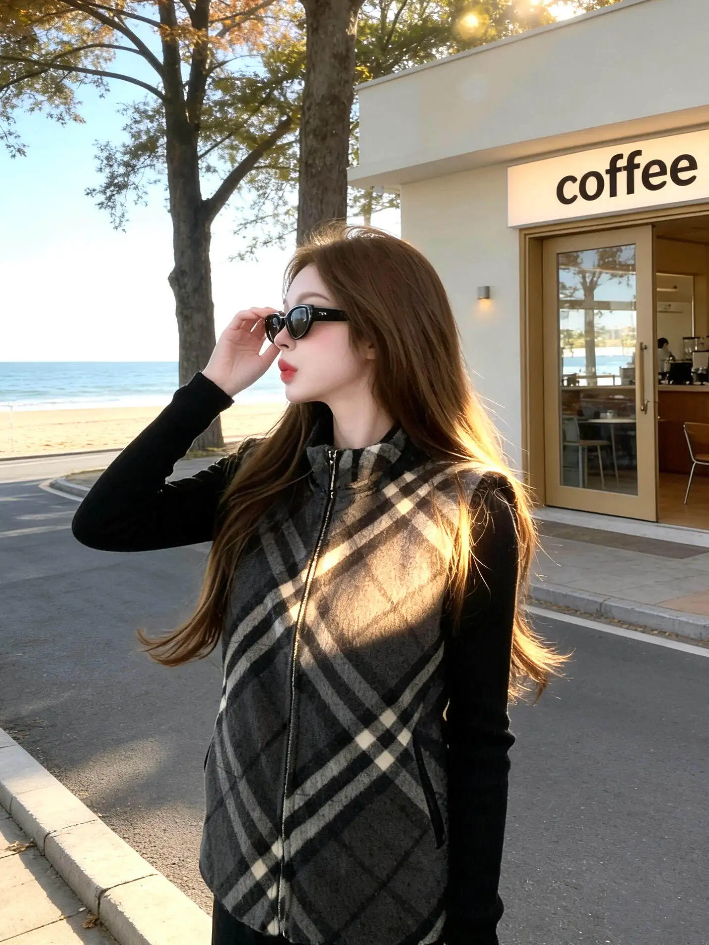 

Корейский ретро-жилет с двусторонним использованием, воротником на молнии и клетчатым узором, женский, осенне-зимний, модный, теплый, трендовый