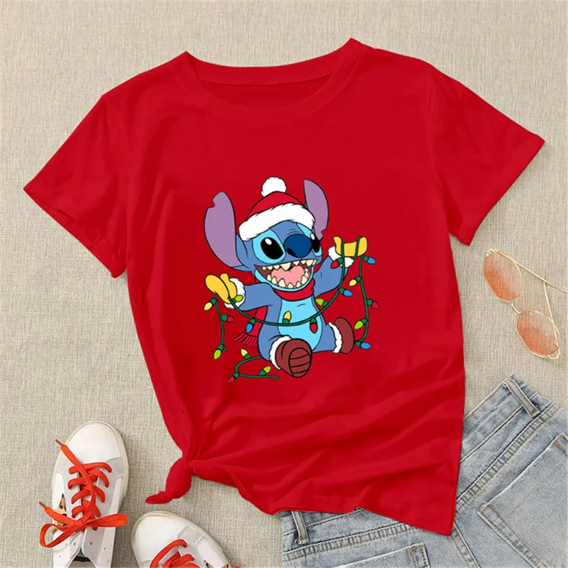 Fashion Christmas Hats with Stitch T Shirt Women Cartoon Tops Merry Christmas Gifts Cute Anime T-shirt Female Tshirt Clothes