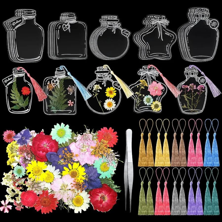

81 Pcs DIY Handmade Transparent Dried Flower Bookmark Set Include Clear Bookmarks Dried Flowers Colorful Tassels and Tweezer fo