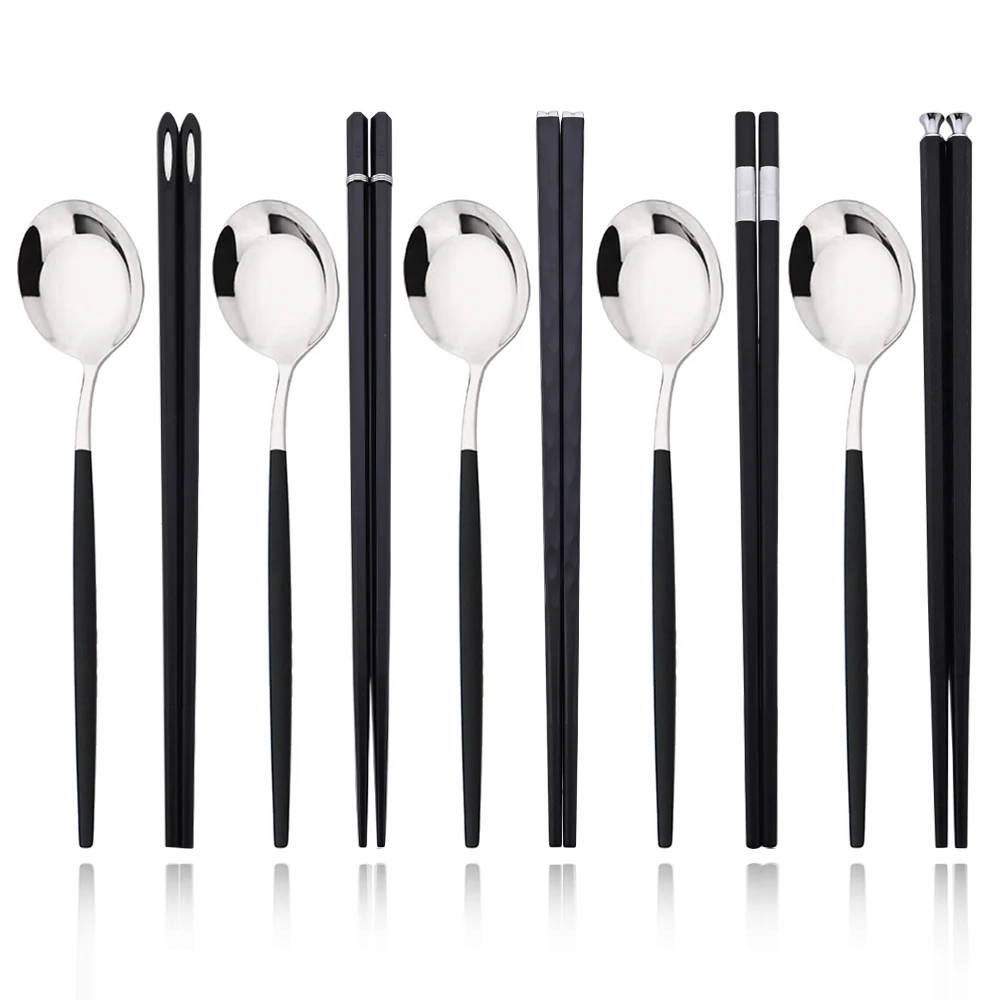 10Pcs Black Silver Portable Travel Cutlery Set Chopsticks Spoon Stainless Steel Korean Dinnerware Set Luxury Tableware Set