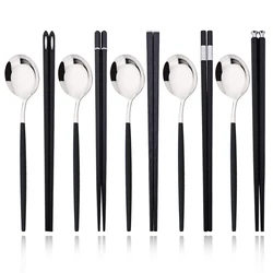 10Pcs Black Silver Portable Travel Cutlery Set Chopsticks Spoon Stainless Steel Korean Dinnerware Set Luxury Tableware Set