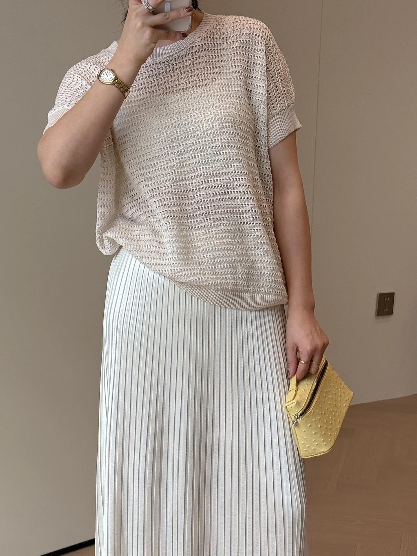 

Spring Summer 2026 round Neck Short Sleeve Hollow out Knitted T-Shirt Women's Loose Fit Soft Lenzing Fabric Single Piece