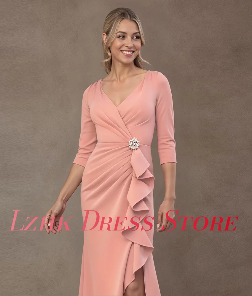 Gaun Malam Ruffles Kristal Putri Duyung Jersey Anggun Kustom Gaun Prom Panjang Lantai Leher-v Lengan 3/4 Mode Baru