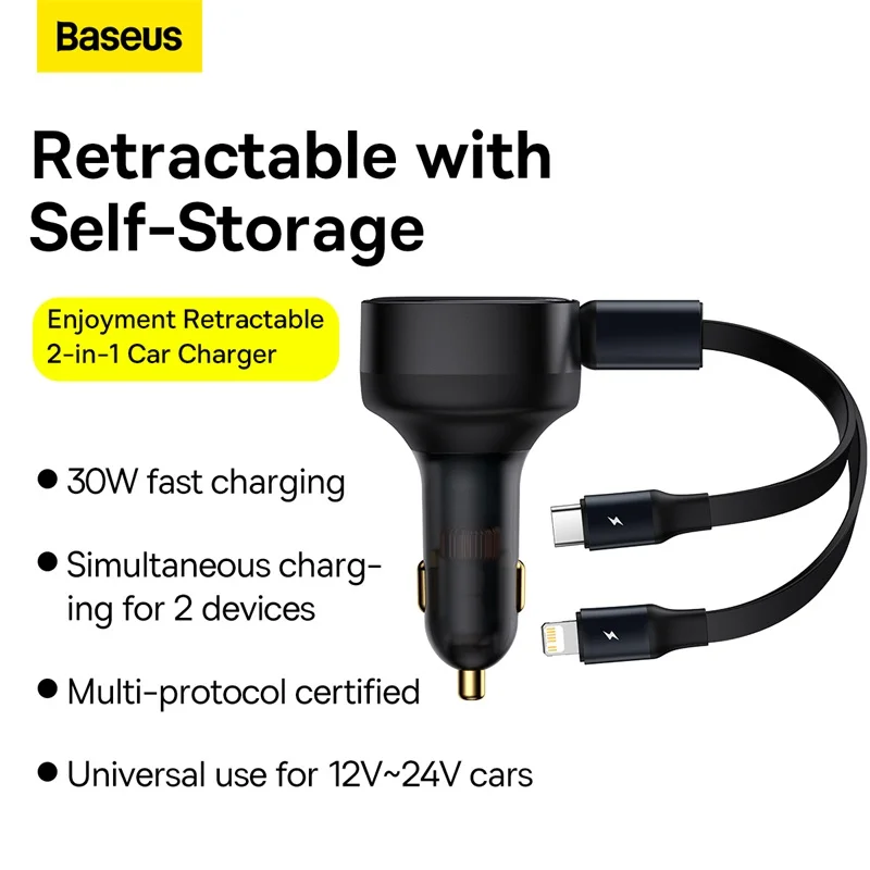 

Baseus Car Charger 30W Fast Charging with Retractable Type C iP Charge Cable Car Phone Charger for iPhone 12 13 Samsung Xiaomi