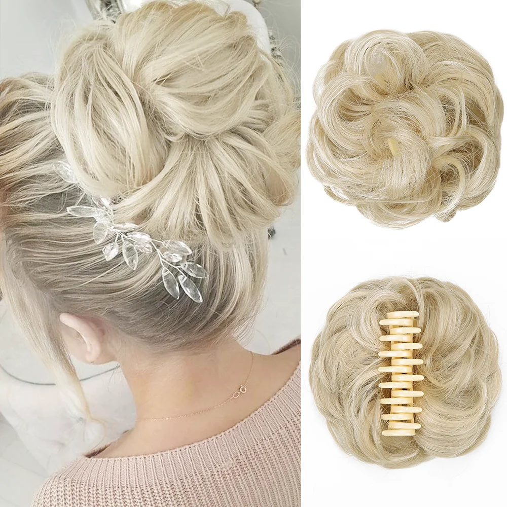 Pão sintético elegante com grampo para mulheres, peruca ondulada instantânea Updo, chic chic chignon sintético, confortável e com aparência natural