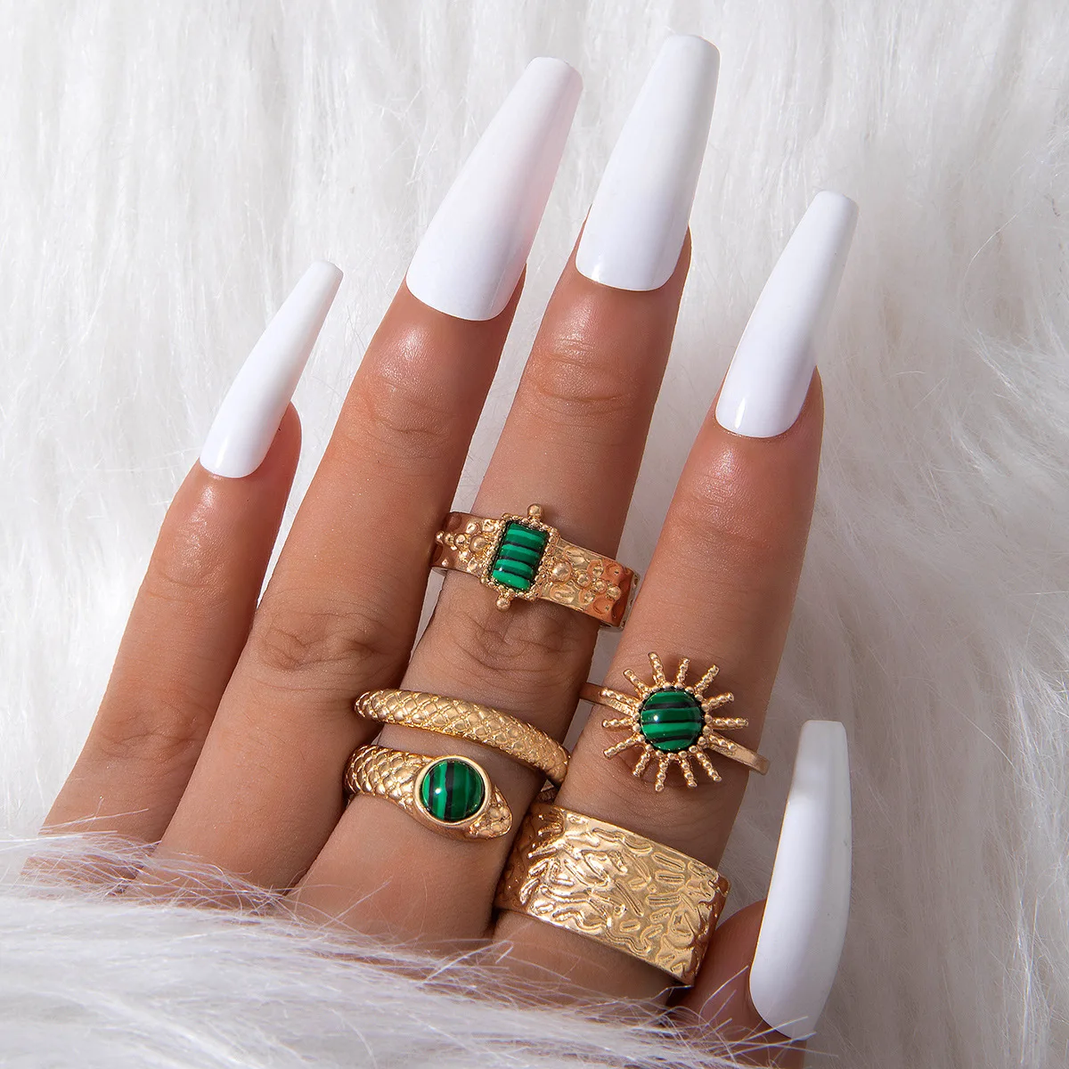 Tocona Punk Style Hip-hop Snake Shaped Diamond Inlaid Stone Ring Set With Geometric Retro Rings 4-piece set for women 24415