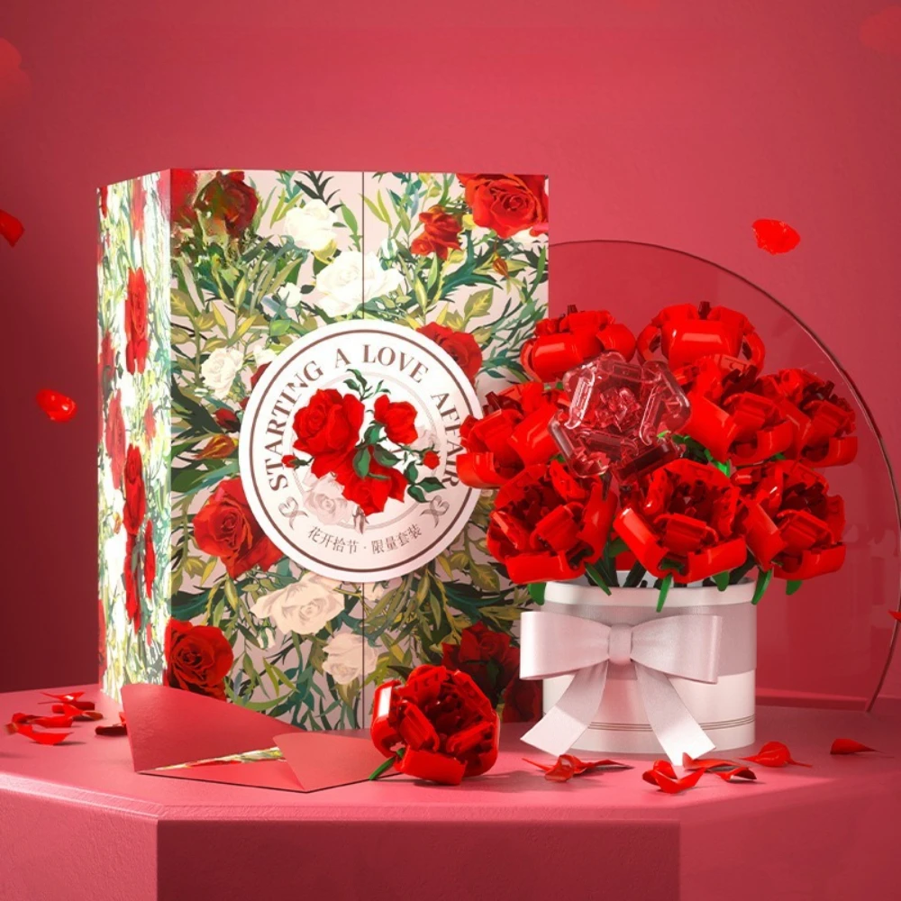 MOC الأبدية الورد الأحمر باقة الزفاف اللبنات مجموعة رومانسية الحب زهرة بوعاء النبات لعبة الأطفال هدية عيد الحب #2