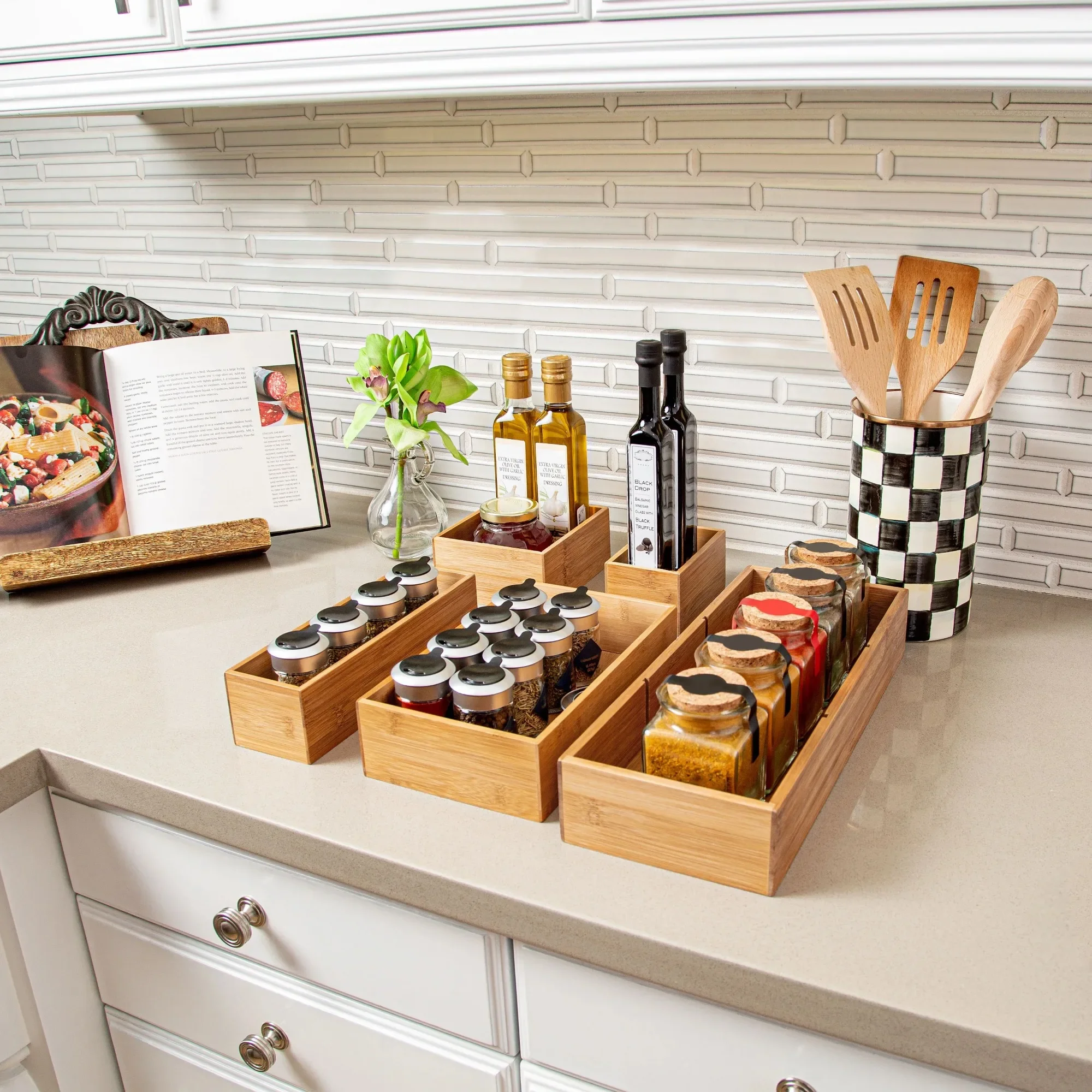 칸막이가 있는 5개의 대나무 수납함 세트, 주방용품, 사무용품, 화장품, 식료품 저장실 용품에 적합