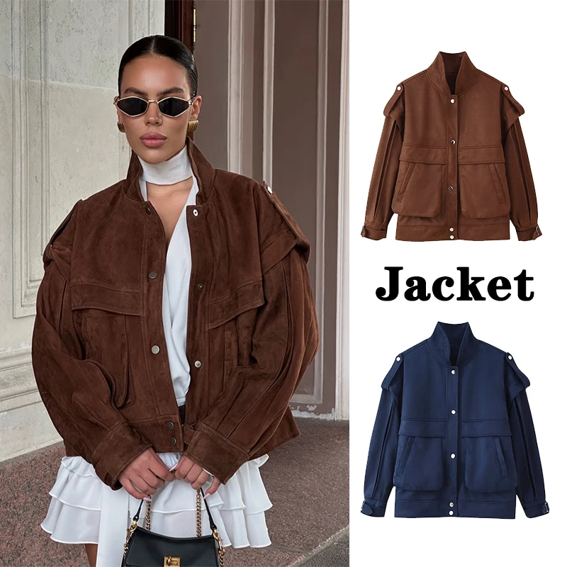 

Women's Bomber Jacket Long Sleeve Zipper Suede Jackets for Women 2025 High Street Short Coats Lady Autumn Winter New Outerwears