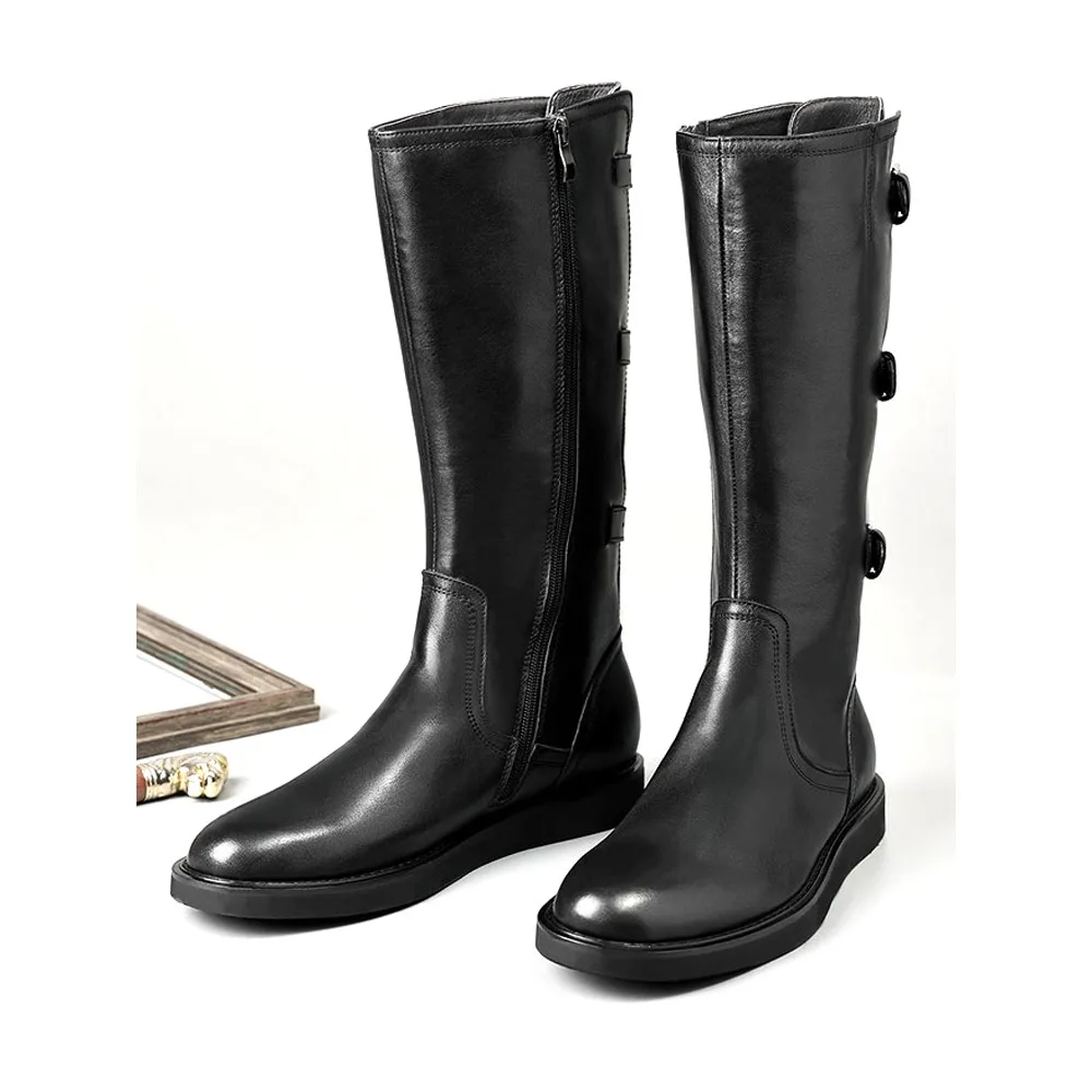 Fashion Men's Genuine Leather Motorcycle Boots,Mid-calf Buckle Strap Equestrian Riding Boots,Honor Guard Parade Knee-high Boots