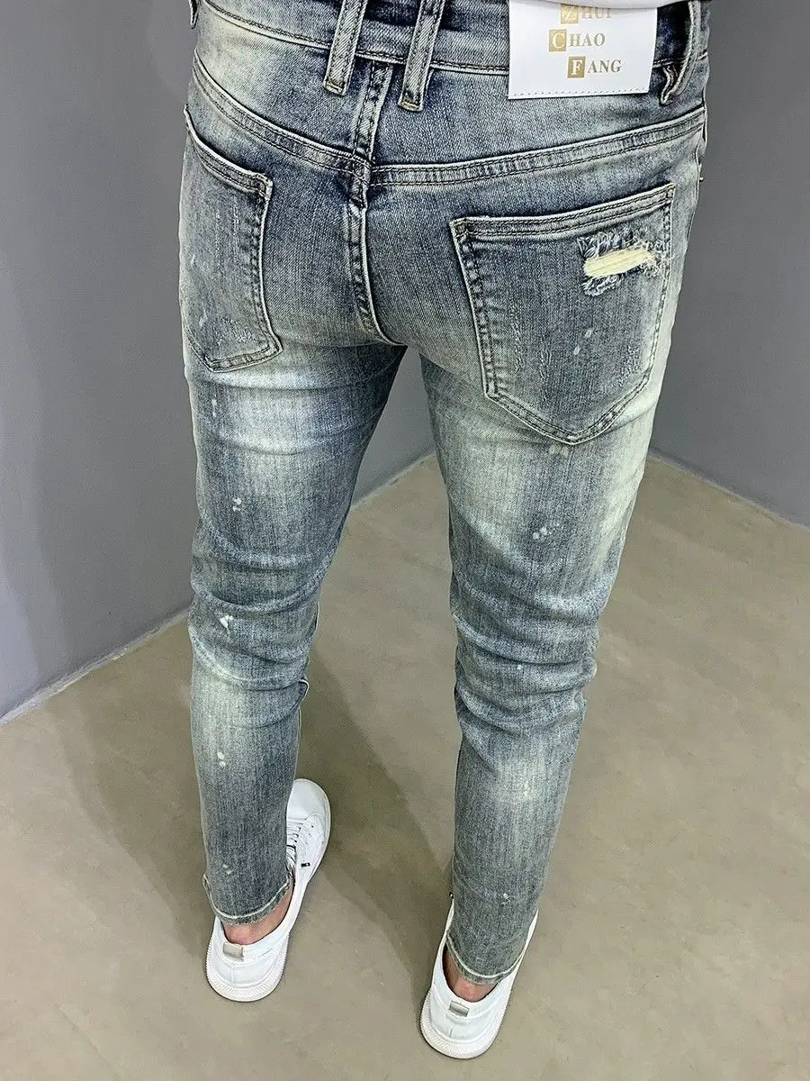 2024 New Streetwear Gothic Hole Cowboy Men Summer All-match Fashion Trend Make Old Blue coreano Slim comodi pantaloni di lavaggio